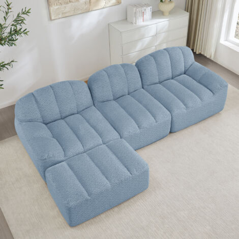 Canapé d'angle en L,canapé modulaire 3 places sans structure avec 1 Pouf,Coussins Profonds,Forme Coquillage,Polaire granuleuse(Bleu)