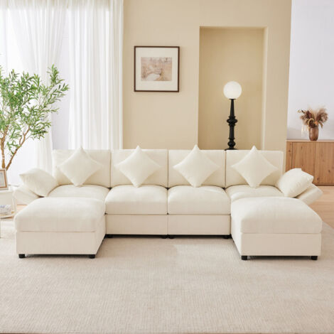Canapé d'angle modulaire en chenille,en forme de U,avec 2 poufs,accoudoirs réglables,4 coussins décoratifs et 2 appuie-têtes,beige