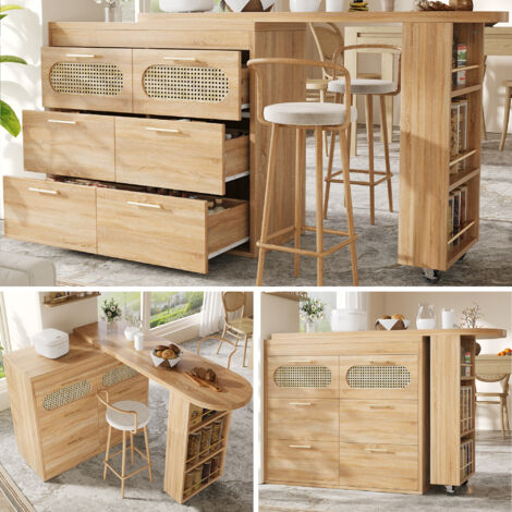 Table de bar extensible avec 6 tiroirs et portes en rotin PE,table de bar rotative à 360,poignées en métal,table bistro,îlot de cuisine,Naturel