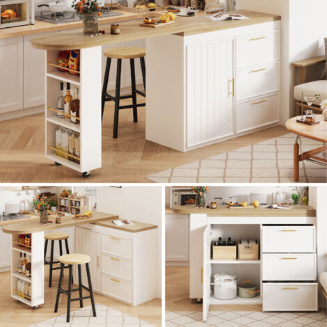Table de bar extensible(128-203 cm) avec 3 tiroirs et étagères latérales,îlot de cuisine rotative à 360,table bistro avec étagères réglables,Blanc