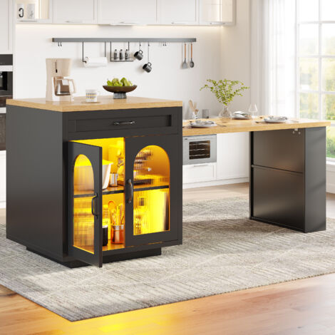 Îlot de cuisine extensible 126-196x59x94cm avec éclairage LED,table de bar avec 2 tiroirs,étagères réglables,plan de travail de cuisine en MDF(Noir)