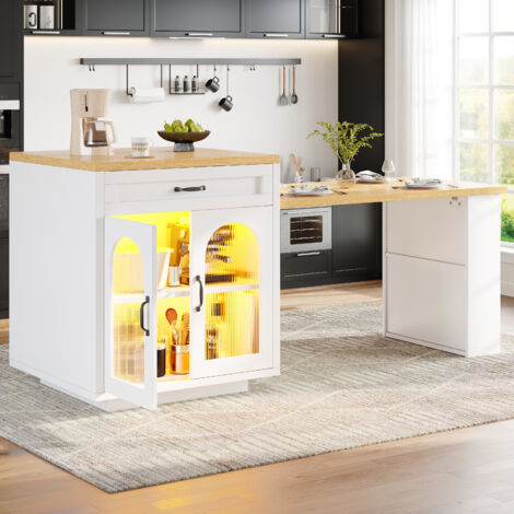Îlot de cuisine extensible 126-196x59x94cm avec éclairage LED,table de bar avec 2 tiroirs,étagères réglables,plan de travail de cuisine en MDF(Blanc)