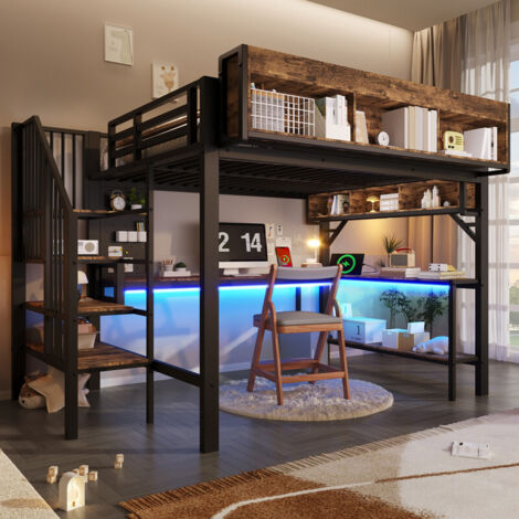 Lit mezzanine enfant 140x200 cm avec LED,prise USB+Type-C,bureau d'angle,rangements,plaque perforée,cadre de lit superposé,Noir+Vintage