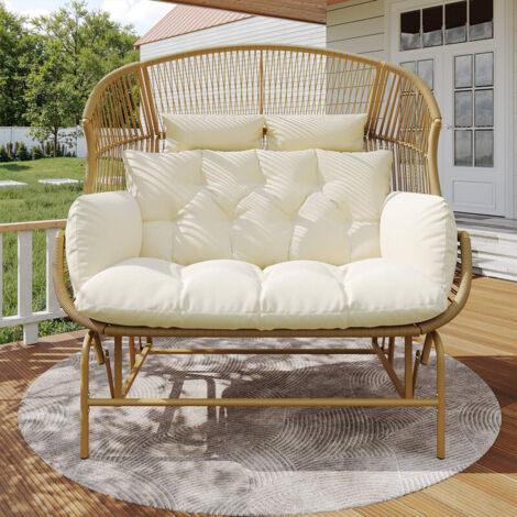 Fauteuil à bascule de jardin 2 places, fauteuil suspendu pour terrasse, balancelle œuf d'extérieur, fauteuil, pour véranda, jardin, couleur naturel