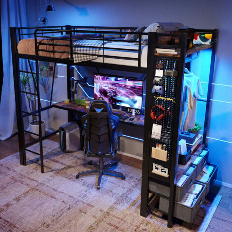 Lit mezzanine en fer 90 x 200 cm, bureau, étendoir, étagères, 4 tiroirs, prises USB et Type-C, bande LED, rambarde, échelle, panneau perforé, noir (1/5)