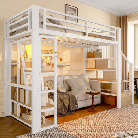 Lit mezzanine en fer 90 x 200 cm, compartiment de rangement, marches intégrées, barrière de sécurité, échelle, éclairage LED, non matelas, blanc