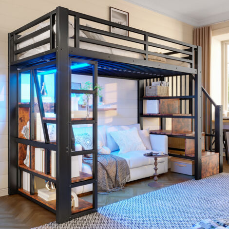 Lit mezzanine en fer 90 x 200 cm, compartiment de rangement, marches intégrées, barrière de sécurité, échelle, éclairage LED, non matelas, noir