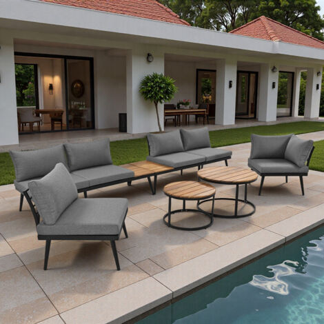 Ensemble de salon de jardin exterieur pour 5-6 personnes,(2 x canapé 2 places, 2x chaise simple, 2 x table)structure en fer galvanisé,Gris (1/5)