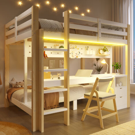 Lit mezzanine en pin 900x200cm et 140x200cm,bande lumineuse LED,Lit superposé avec tiroir et bureau,suspension en panneau perforé,Sans matelas,Naturel