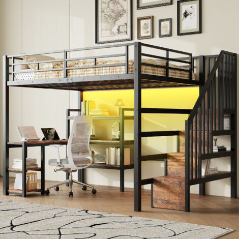 Lit mezzanine enfant 140x200cm avec escalier, bureau intégré, rangements,métal Lit superposé double avec USB et éclairage LED,sans matelas(Noir)