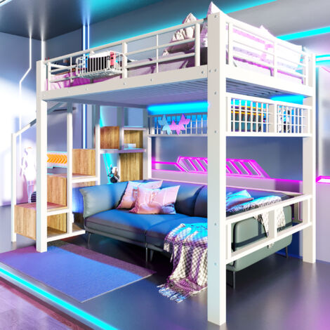 Lit mezzanine 140x200cm avec bande lumineuse LED,escalier avec rangement,métal Lit superposé avec grille,cadres de lit double,sans matelas(Blanc)