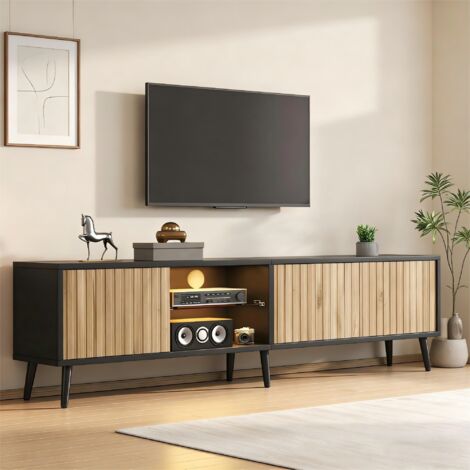 Meuble TV, 175x31x43,5 cm, avec LED, 6 pieds, vitrine en verre trempé, 3 compartiments, pour les téléviseurs jusqu'à 75 pouces, bois naturel et noir