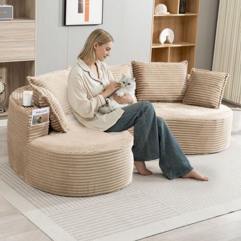 Canapé à curve moderne, tissu velours/Corduroy, 2 porte-verres, poche latérale, coussin, compression emballé, kaki