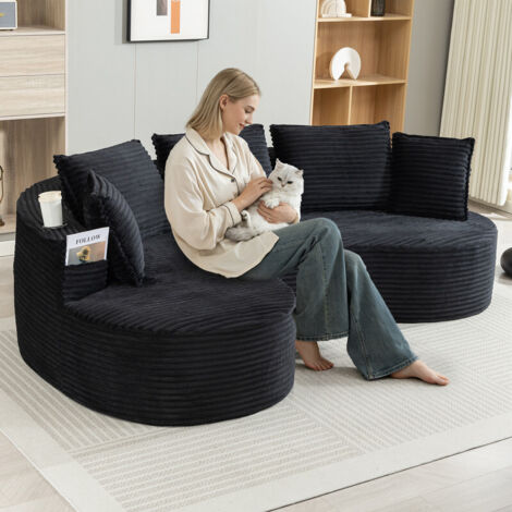 Canapé à curve moderne, tissu velours/Corduroy, 2 porte-verres, poche latérale, coussin, compression emballé, Noir