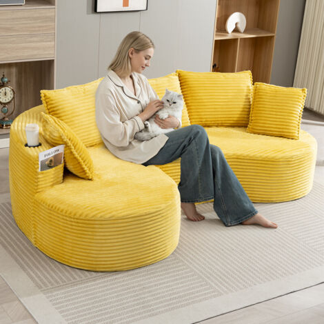 Canapé à curve moderne, tissu velours/Corduroy, 2 porte-verres, poche latérale, coussin, compression emballé, Jaune moutarde
