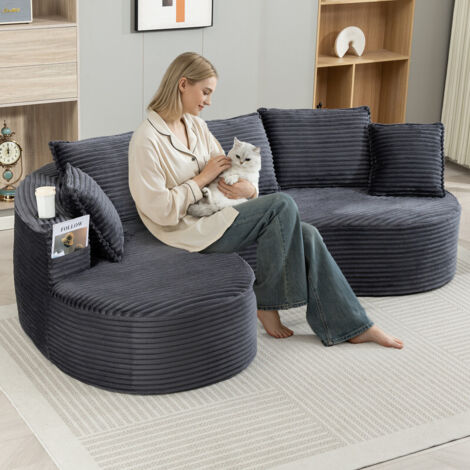 Canapé à curve moderne, tissu velours/Corduroy, 2 porte-verres, poche latérale, coussin, compression emballé, Gris foncé