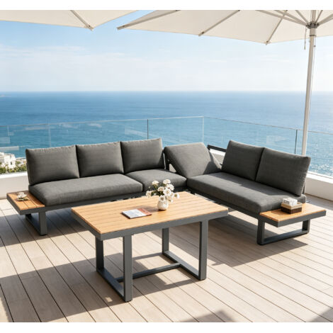 Ensemble de salon de jardin 6 places,canapé d'angle de jardin extérieur avec inclinaison réglable,plateau de table en bois composite,gris et noir