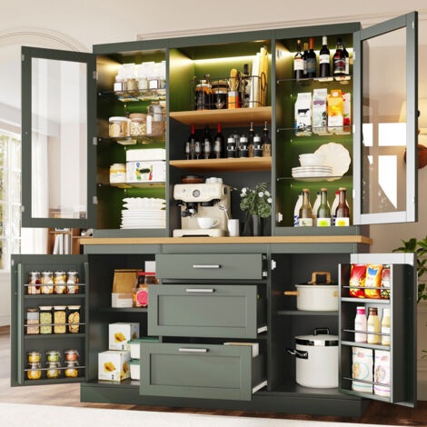 Meuble de cuisine, 185x140x40 cm, buffet de cuisine, avec éclairage LED contrôlé par application, 3 tiroirs, plan de travail, étagères réglables, vert