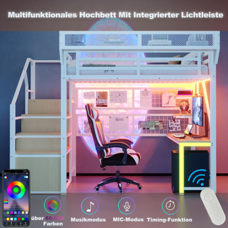 Lit mezzanine enfant en métal 140 x 200 cm avec LED,prise,bureau,étagère,filet de rangement,échelle de sécurité, cadre de lit superposé enfant,blanc