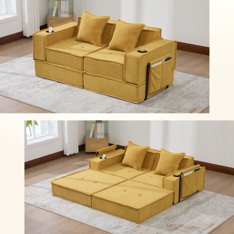 Seyakany Canapé convertible 2 places avec rangement latéral et porte-gobelets,2 coussins,canapé modulaire en Chenille,canapé lit,Jaune moutarde