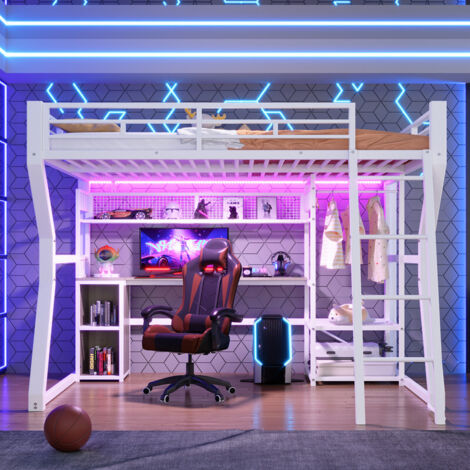 Lit mezzanine enfant en fer 140 x 200 cm avec LED,prise,penderie,bureau,rangements,étagères,lit superposé,cadre de lit mezzanine 1 place,blanc