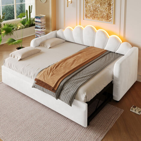 Canapé lit rembourré 90x200/180x200 cm avec fonction gigogne et éclairage LED,cadre de lit enfant avec sommier à lattes,blanc