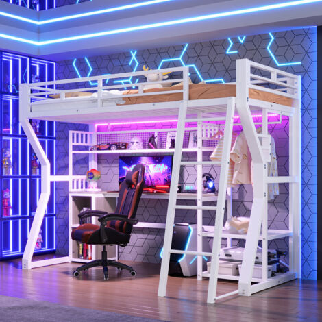 Lit mezzanine enfant en fer 90 x 200 cm avec LED,prise,penderie,bureau,rangements,étagères,lit superposé,cadre de lit mezzanine 1 place,blanc