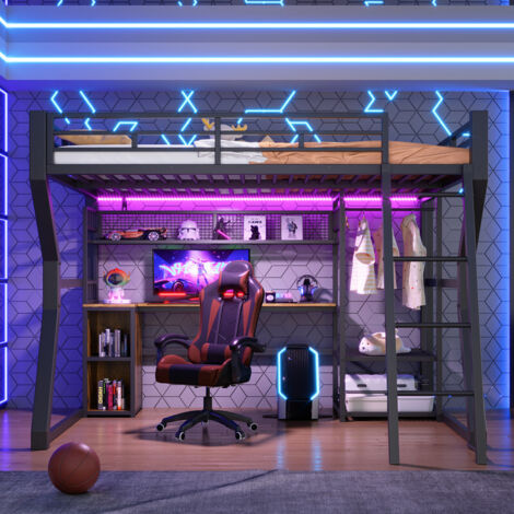 Lit mezzanine enfant en fer 140 x 200 cm avec LED,prise,penderie,bureau,rangements,étagères,lit superposé,cadre de lit mezzanine 1 place,noir