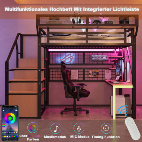 Lit mezzanine enfant en métal 140 x 200 cm avec LED,prise,bureau,étagère,filet de rangement,échelle de sécurité, cadre de lit superposé enfant,Noir