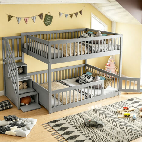 Lit superposé 140x200 cm avec échelle de rangement et tiroirs,lit mezzanine enfant en bois,cadre de lit enfant avec sommier à lattes,Gris