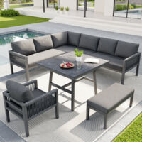 Seyakany - Canapé de jardin d'angle en L pour 8 personnes maximum,Ensemble de jardin - Structure en fer - Avec coussins,1 table et 2 fauteuils - Gris