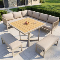 Salon de jardin modulable 8-10 places canapé grande table plateau bois composite imitation bois tressé corde pieds réglables coussins inclus beige