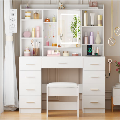 Coiffeuse avec Tabouret et Miroir de Porte, 2 Port USB et 2 Prise, 8 Tiroirs de Rangement, Blanc, 110×40×145cm