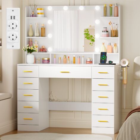 Coiffeuse avec 11 Tiroirs, 2 Ports USB et Prises, Support pour Sèche-Cheveux, Éclairage LED Réglable (1/5)