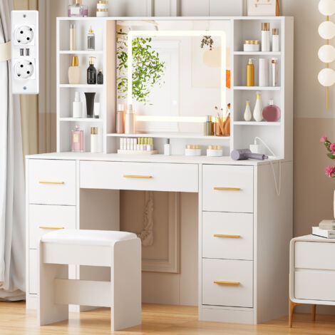 Coiffeuse 100 × 40 × 140 cm, avec Ports USB et Prises, LED Réglable, Miroir et Tabouret, 7 Tiroirs de Rangement, Blanc