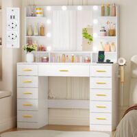 Coiffeuse avec 11 Tiroirs, 2 Ports USB et Prises, Support pour Sèche-Cheveux, Éclairage LED Réglable