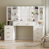Coiffeuse Grande 150 × 40 × 135 cm, avec Ports USB et Prises, LED Réglable, HD Miroir, 8 Tiroirs de Rangement, Blanc