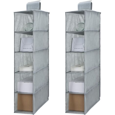 2 Pièces Rangement Suspendu, Compactor avec 5 Compartiments, Organisateur Armoire Vetement, Étagère Suspendue Pliable pour Placard, Armoire, Portant, Organisateur Suspendu (Gris) (1/5)