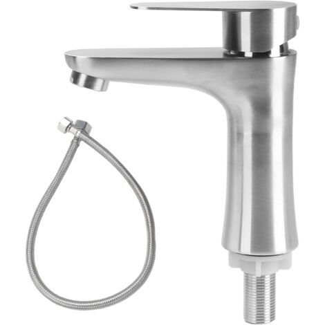 Robinet Eau Froide Acier Inoxydable, Robinet Eau Froide Lave Main avec Tuyau, Mitigeur Lavabo, Robinets Baignoire pour WC Invités, Salle Bain, Installation Facile (Argent) (1/5)