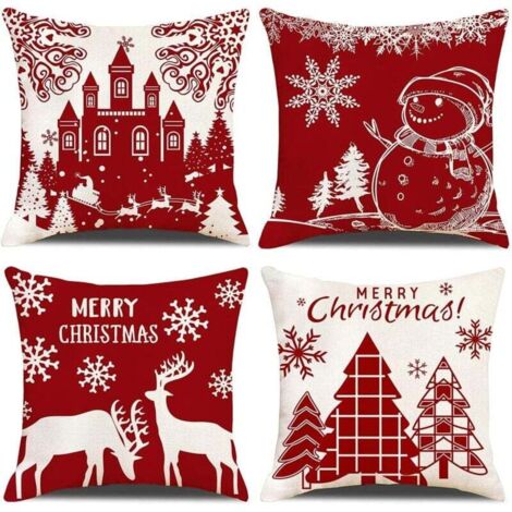 Lot de 4 Housses de Coussin Noël Bonhomme de Beige Rouge Château Modèle Décoratif Canapé Taie d'oreiller Décoration pour Chambre, canapé, Chaise, Voiture, Lit,Jardin 45 x 45 cm (1/5)
