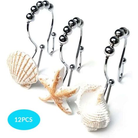 Crochets de rideau de douche décoratifs océan antirouille, anneaux de rideau de douche en acier inoxydable avec 5 rouleaux coulissants pour salle de bain et douche, ensemble de 12 crochets (1/5)