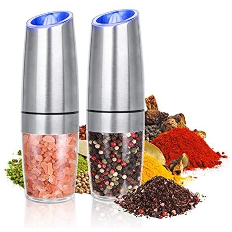 Ensemble moulin à sel et à poivre électrique, type à capteur de gravité, utilisation à une main, alimenté par piles, finesse de mouture réglable, lumière LED bleue (ensemble argenté de 2 pièces) (1/5)
