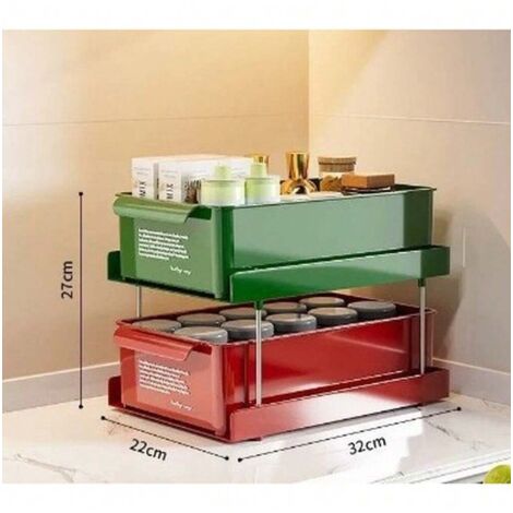 Étagère de rangement de cuisine à double niveau, organisateur de pots à épices multifonctionnel, organisateur de bouteilles et de tasses à épices, organisateur d'épices de comptoir, rouge et vert. (1/4)