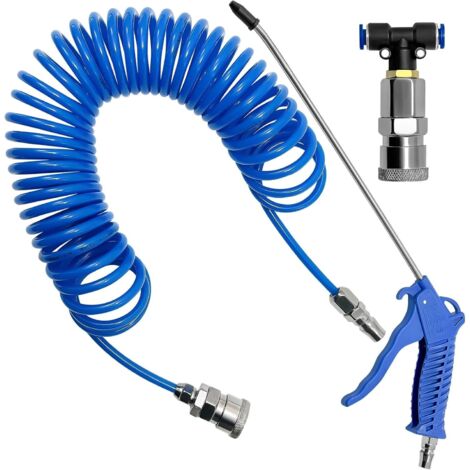 Soufflette Air Comprimé Kit Bleu Avec Tuyau Spiralé PU 6m, pistolet de soufflage Air Duster avec raccord rapide en T, kit de nettoyage pour camion, Fourgonnette, Camion Lourd (1/5)