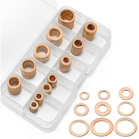 200 pièces Rondelle Cuivre Joint Vidange Assortiment Kit, Rondelles Plates, Joint Torique avec Boîte pour L'étanchéité, 9 tailles de M5 M9 M8 M10 M12 M14, pour Moteur de Bateau de Voiture (1/5)