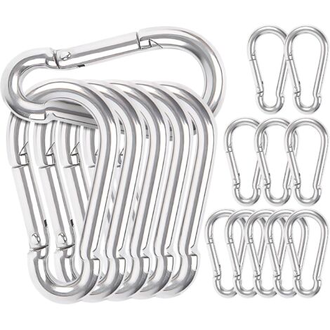 Pack of 16 Carabiners, 6 x 60 mm, Steel Carabiners, Key Carabiners, for Hammock, Spring Carabiner, M6, Camping, Fishing, Swing and Hiking Accessories (Silver) (1/5)
