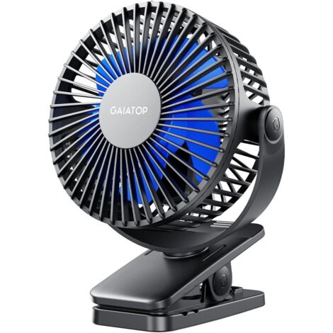 Gaiatop Ventilateur portable à clipser à piles, petit ventilateur de bureau USB puissant, 3 vitesses, silencieux, rechargeable, le camping,Noir et bleu