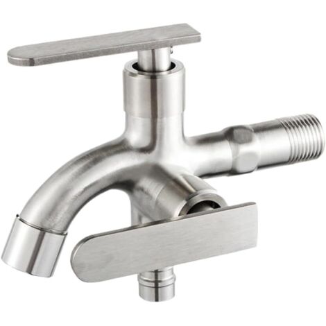 Robinet de jardin à double sortie, robinet en acier inoxydable avec double valve, répartiteur 2 voies, robinet pour machine à laver, lave-vaisselle de cuisine (B) (1/5)