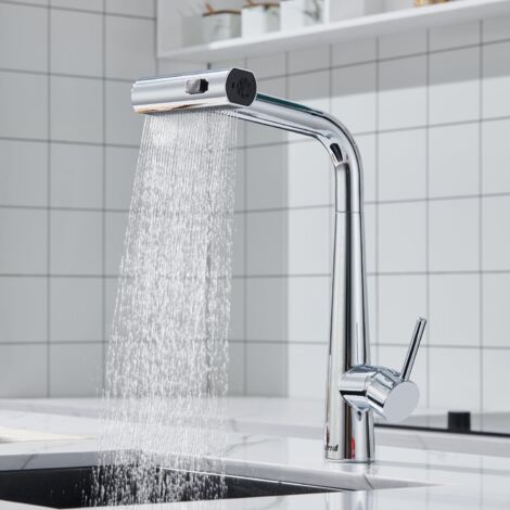 Kitchen Faucet with Pull-Out Spray, Kitchen Mixer Tap with 3 Jet Modes, 360° Swivel Kitchen Sink Tap in Stainless Steel, Chrome Finish, Cold & Hot Available (1/5)