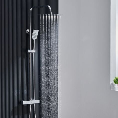 Thermostatic Shower Column, Shower Set with Thermostatic Mixer Tap, Bathroom Shower Faucet, Adjustable Height, Square Shower Head 25 x 25 cm, 3 Jets, Chrome (1/5)